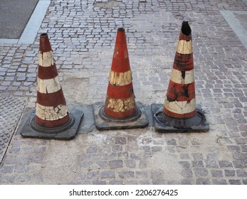 Three Traffic Cones To Mark Road Works Or Temporary Obstruction Traffic Sign