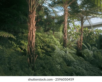 three tree stemps in a bed of ferns inside to tropical greenhouse in Dahlem