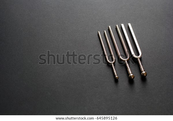 Three tuning\
forks of different sizes (small, medium, big) for tunning musical\
instruments on a black\
background