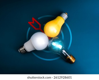 Three type of electric light bulbs, clear, yellow and white, turn the bulbs towards each other, on big target dart icon blue background. Brainstorm, creative and idea, business teamwork concept.
