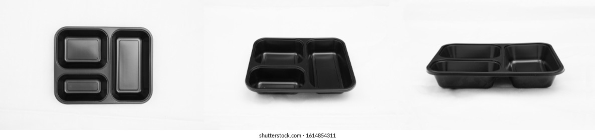 Three Types Of Black, Empty Bento Lunch Boxes.