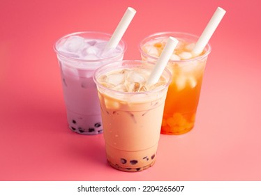 Three Types of Boba Tea on a Pink Background - Shutterstock ID 2204265607