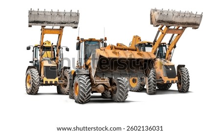 Three types of construction equipment are shown separately, Loaders demonstrate their robust design and lifting capacity for use in rental on various projects.