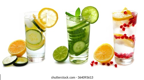 Three Types Of Detox Water With Fruit In Glasses Isolated On A White Background