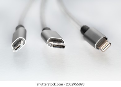 Three types of peripheral  cables connectors for charging or data. Concept EU rules to change universal charge plug to USB C
