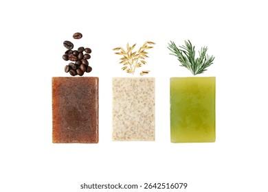 Three unique soap bars: coffee, oats, herbs, isolated on white