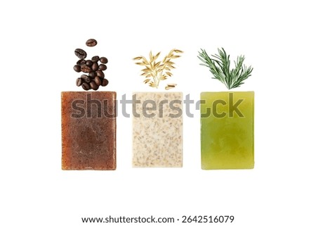 Three unique soap bars: coffee, oats, herbs, isolated on white