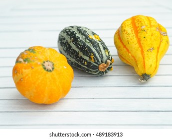 Three various decorative pumpkins on a white table. The focus is on the green gourd in the middle of the scene.
