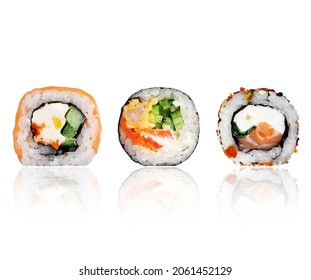 Three various sushi rolls close up on a white background - Powered by Shutterstock