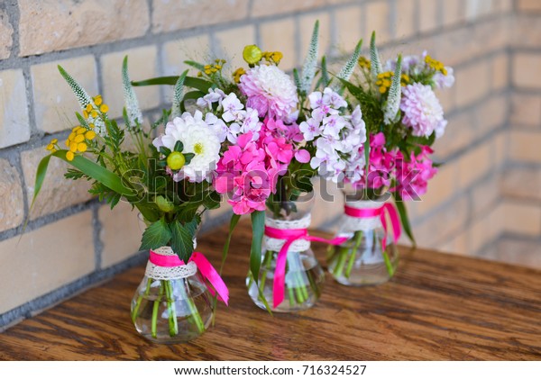 Three Vases Flowers Small Bouquets Stock Photo Edit Now 716324527