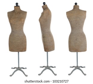 Three Views Of An Antique Dress Form. Front View, Side View, And Back View Isolated Over A White Background.