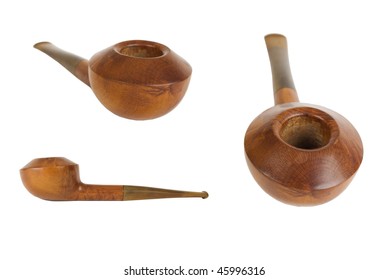 Three Views Of Broad Head Wooden Tobacco Pipe Isolated On White, Don't Miss To See More Interesting Pipes In My Portfolio!