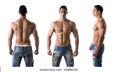 Three views of muscular shirtless male bodybuilder: back, front and profile shot