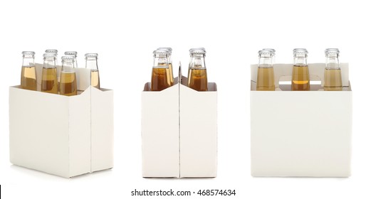 Three views of a Six Pack of Clear Beer Bottles isolated over white with reflection.