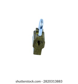 Three views of a small brass padlock on white background