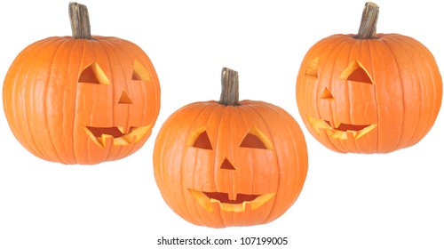 Three Views Of A Traditional Halloween Jackolantern, Isolated On White