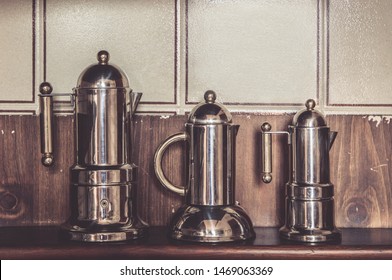 Three vintage Italian Bialetti coffee makers from stainless steel