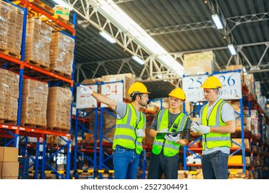 Three warehouse workers using a digital tablet while recording inventory. Logistics employees working with warehouse management software in a large distribution centre.