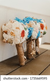 Three Wedding Bouquets Diy Made Of Seashells And Silk, Beautiful Idea For The Wedding Ceremony Or Vow Renewal