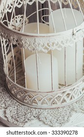 Three White Christmas Candles Inside Bird Cage. Shabby Chic Home Decor