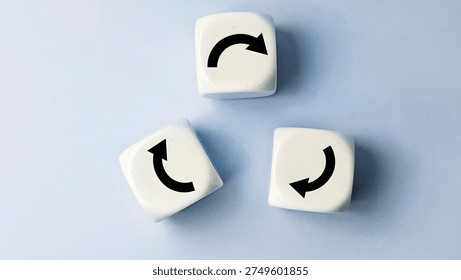 Three white cubes with circular arrows representing business process cycle workflow feedback loop and continuous improvement concept. 