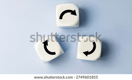 Three white cubes with circular arrows representing business process cycle workflow feedback loop and continuous improvement concept. 