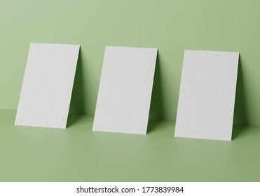 Three White Square Shape Business Card Mockup Stacking On Green Pastel Color Background. Branding Presentation Template Print. 3D Illustration Rendering