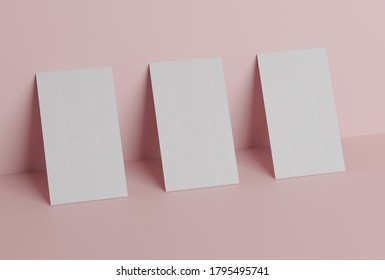 Three White Square Shape Business Card Mockup Stacking On Pink Pastel Color Background. Branding Presentation Template Print. 3D Illustration Rendering