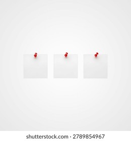 Three white sticky notes with red push pins on white background