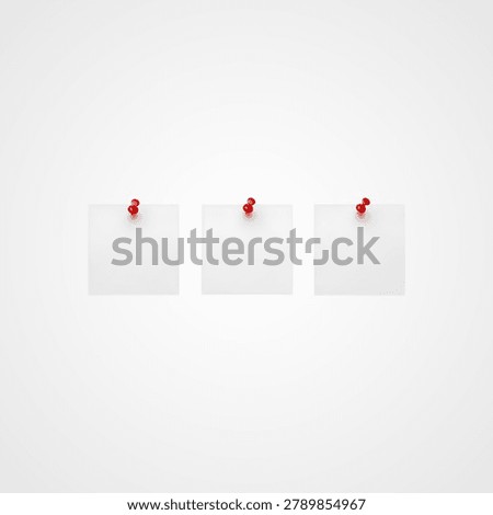 Three white sticky notes with red push pins on white background