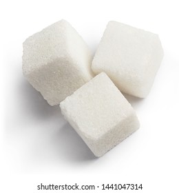 Three White Sugar Cubes, View From Above, Isolated On White Background