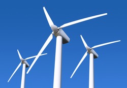 Three White Wind Turbine Generating Electricity On Blue Sky