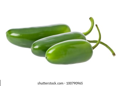 Three whole green jalapeno peppers against a white background.