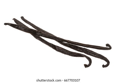 Three Whole Vanilla Bean Pods Isolated On White Background