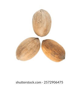 Three whole walnuts with shells on a white background