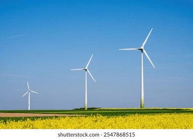 Three wind turbines with a flowering canola field seen in Germany - Powered by Shutterstock