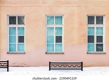 Three Windows In Pink Wall On A Winter Day, Classic Architecture Background Texture