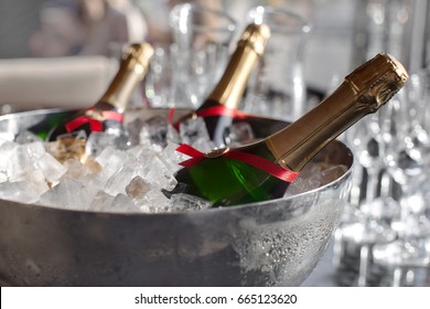 Three Wine Bottles Chill In Ice Bucket