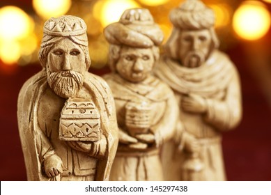 Three Wise Men From Nativity Scene. Gypsum Figurines. Selective Focus, Shallow DOF