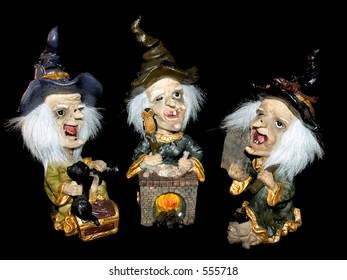 Three witches casting spells, halloween, holiday in the states, america.  (there is no trademark on these)