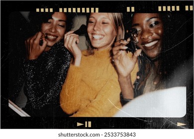 Three women smiling and laughing together. They appear to be enjoying a fun moment. The image has a vintage film effect, adding a nostalgic feel. Diverse women friends do make up in car with joy - Powered by Shutterstock