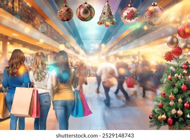 Three women walk through a shopping mall with shopping bags, decorated with Christmas ornaments. - Powered by Shutterstock