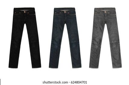 three women's jeans pants, in black, blue and grey, isolated on white background 