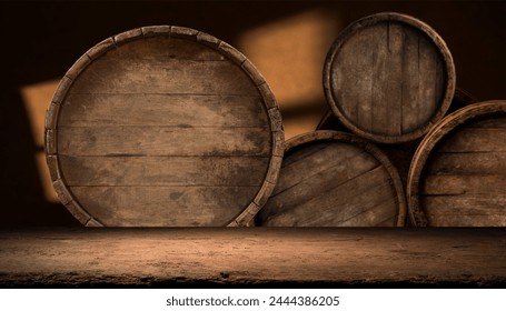 Three wooden barrels stacked on top of each other on a wooden table, creating a rustic display. The closeup shot highlights the wood grain and metal accents - Powered by Shutterstock