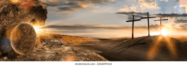 Three wooden crosses on a hill in the morning. Concept of Crucifixion on Mount Golgotha, resurrection of Jesus Christ. Christian Easter holiday symbol, Calvary. - Shutterstock ID 2266094161