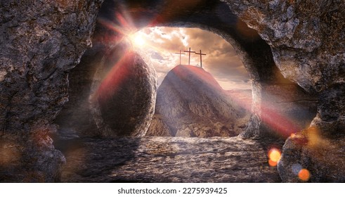 Three wooden crosses on a hill in the morning. Concept of Crucifixion on Mount Golgotha, resurrection of Jesus Christ. Christian Easter holiday symbol, Calvary. Blurred background, blur scene - Shutterstock ID 2275939425