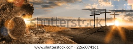 Three wooden crosses on a hill in the morning. Concept of Crucifixion on Mount Golgotha, resurrection of Jesus Christ. Christian Easter holiday symbol, Calvary.