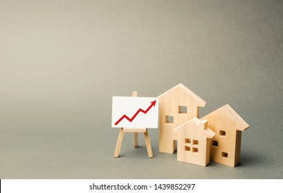 Three Wooden Houses And A Red Up Arrow On The Sign. Real Estate Value Increase. High Rates Of Construction, High Liquidity. Supply And Demand. Rising Prices For Housing, Building Maintenance.