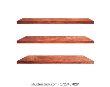 Three wooden shelves isolated on white background with clipping path for your product or design - Shutterstock ID 1727457829