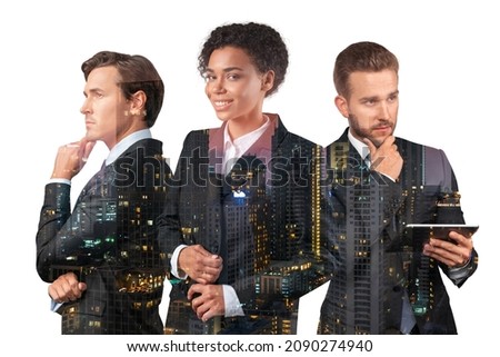Three working positive business people consultants in suits. Smiling African American woman in middle. Asia corporate lifestyle, multinational diverse young professionals. Night Bangkok city view